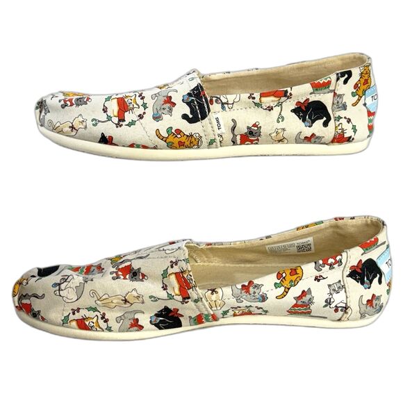 TOMS Women’s Belmont Holiday Cats Print Light Grey Flats Shoes Size 8.5 - Picture 7 of 11